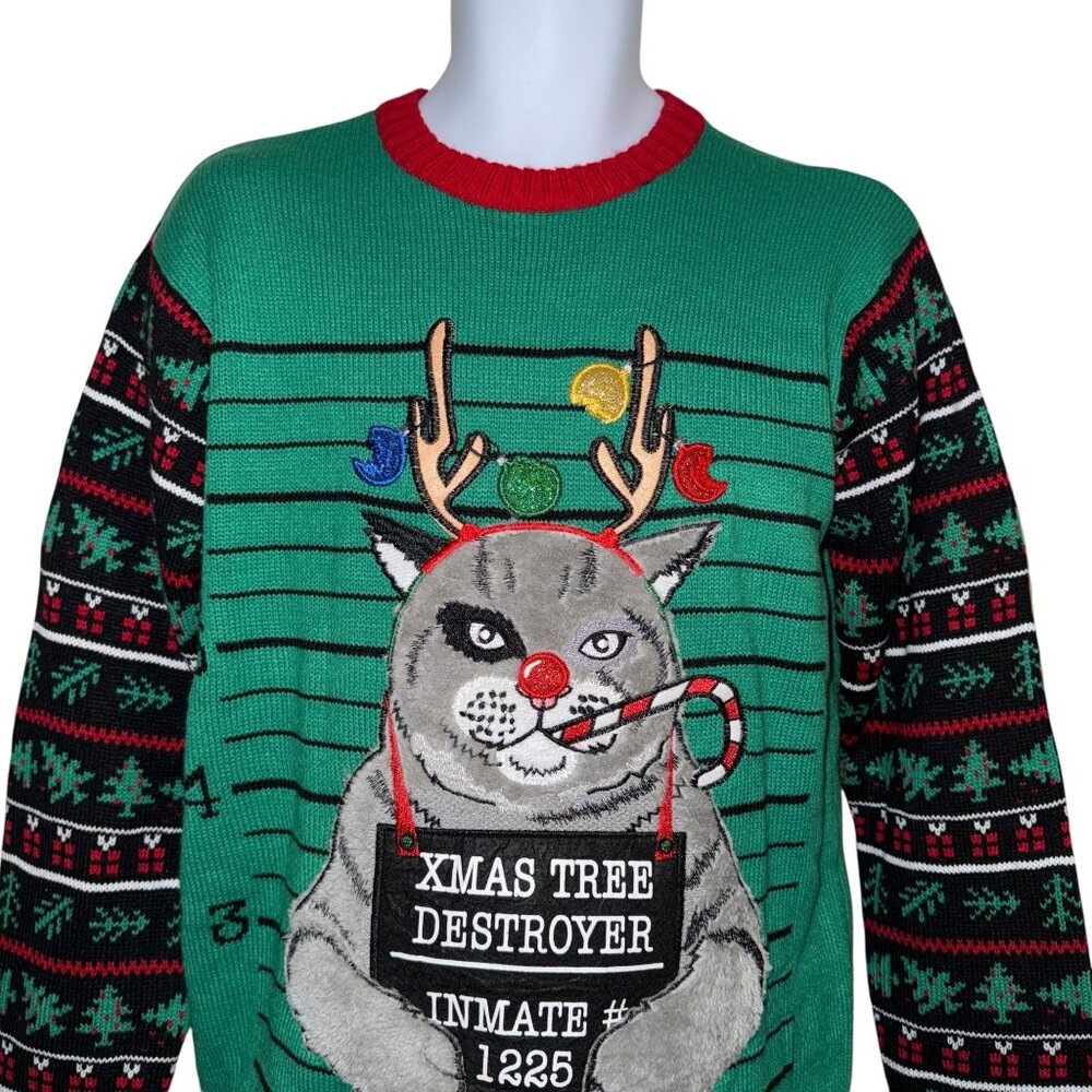 NWT Blizzard Bay Cat Inmate Sweater Mens M Christmas Holiday Tree Destroyer - Picture 2 of 9